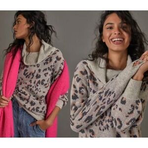 Anthropologie Women's S Emma Gray Brown Leopard Cowl Neck Wool Sweater Oversized